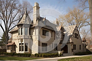 traditional exterior of tudor-style house, complete with turret, cast stone columns and decorative half-timbering