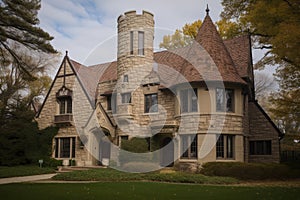 traditional exterior of tudor-style house, complete with turret, cast stone columns and decorative half-timbering