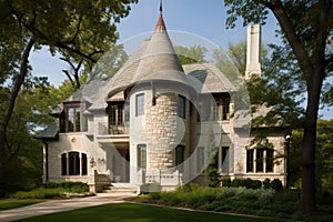 traditional exterior of tudor-style house, complete with turret, cast stone columns and decorative half-timbering