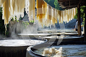 Traditional Fabric Drying Process in Outdoor Workshop