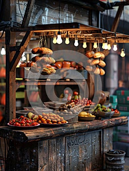 Traditional falafel stall, firewood flame, dusk, intimate angle, cultural essence, market chatter