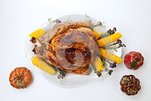 Traditional Fall Roasted Turkey on White With Pumpkin