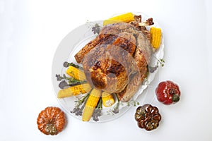 Traditional Fall Roasted Turkey on White With Pumpkin