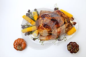 Traditional Fall Roasted Turkey on White With Pumpkin