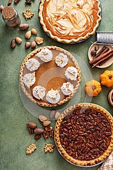 Traditional fall Thanksgiving pies, pumpkin and pecan pie