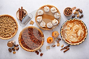 Traditional fall Thanksgiving pies, pumpkin and pecan pie