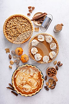 Traditional fall Thanksgiving pies, pumpkin and pecan pie