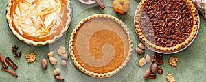 Traditional fall Thanksgiving pies, pumpkin and pecan pie