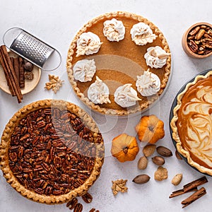 Traditional fall Thanksgiving pies, pumpkin and pecan pie