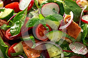 Traditional fattoush salad on a plate with pita croutons, cucumber, tomato, red onion, vegetables mix and herbs