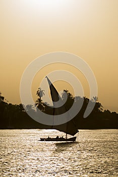 Traditional felluca sailing boat silhouette at sunset