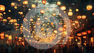 Traditional festival celebration with illuminated lanterns in a crowded street market