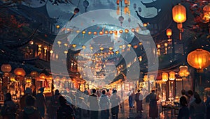 Traditional festival celebration with illuminated lanterns in a crowded street market