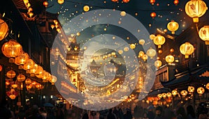 Traditional festival celebration with illuminated lanterns in a crowded street market