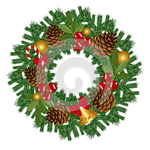 Traditional festive Christmas wreath isolated on white background.