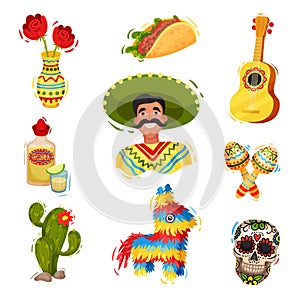 Traditional festive Mexican paraphernalia. Vector flat illustration.