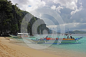 Traditional filippino boat in the sea. Palawan Philippines