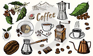 Traditional Filter Coffee Maker. Modern vintage elements, percolator, plants, grain and kettle for the shop menu. Vector