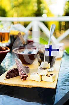 Traditional finnish meat, fish, sheese snacks, view from above