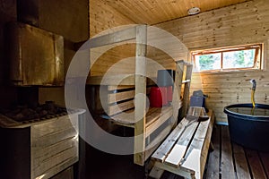 Traditional Finnish rustic sauna, indoor photo
