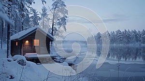 A traditional Finnish sauna set in a snowy landscape with the opportunity to take a refreshing dip in a nearby icecold