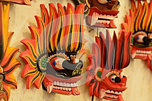 Traditional fire devil wooden masks on sale. Kandy. Sri Lanka