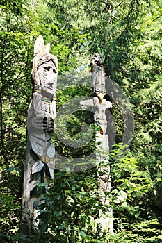 Traditional First Nation carvings near Squamish, British Columbia