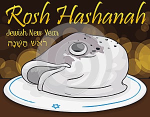 Traditional Fish Head Dish for Jewish New Year, Vector Illustration