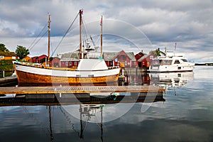 traditional fisherman houses rorbu and boats at Haholmen island, Norway