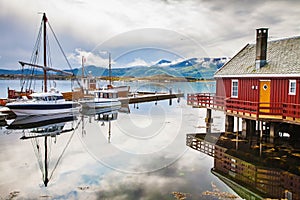 traditional fisherman houses rorbu and boats at Haholmen island, Norway