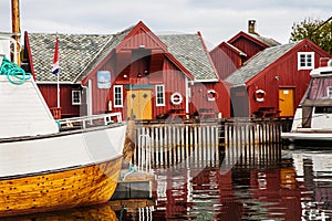 traditional fisherman houses rorbu and boats at Haholmen island, Norway