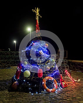 The Traditional Fishermans Christmas Tree made up of Crab and Lobster Pots at Arbroath Harbour.