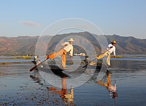 Traditional fishermen at Inle lake in Myanmar