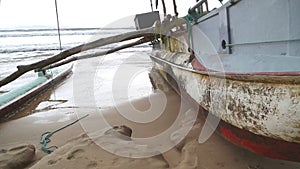 Traditional fishing boat on the beach in Weligama, Sri Lanka