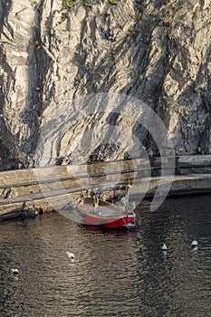 Traditional fishing boat moored, Manarola, Italy