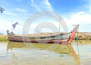 traditional fishing boat on the river with blue sky background