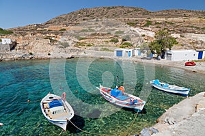 Traditional fishing boats in Ag. Nikolas bay, Kimolos island, Cyclades, Greece