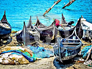 Traditional fishing boats at fort Cochin beach in HDR photo