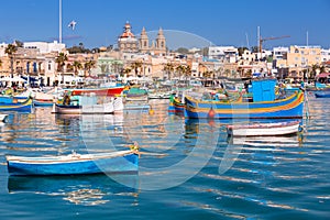 Traditional fishing boats in the Mediterranean Village of Marsaxlokk, Malta