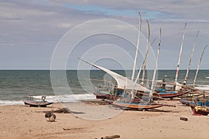 Traditional fishing boats . Praia das fontes photo