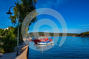 Traditional fishing boats at Steni Vala port the second most populous village on the Greek island of Alonnisos, a picturesque
