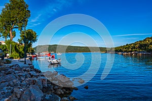 Traditional fishing boats at Steni Vala port the second most populous village on the Greek island of Alonnisos, a picturesque