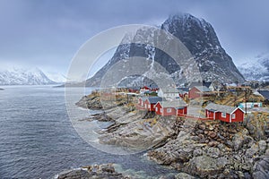 Traditional Fishing Hut Village in Hamnoy Mountain Peak in Lofoten Islands