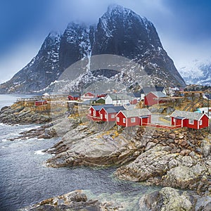 Traditional Fishing Hut Village in Hamnoy Mountain Peak in Lofoten Islands, Norway