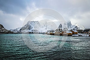 Traditional fishing settlements of Lofoten islands. Beautiful Norway landscape and old architecture.