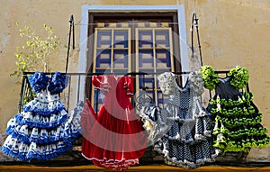 Traditional flamenco dresses at a house in Malaga, Andalusia, Sp