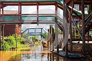 Traditional floating village houses in Inle Lake, Myanmar