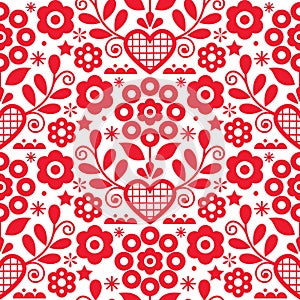 Traditional floral vector seamless red and white pattern perfect for textile or fabric print. Inspired by folk art from Nowy Sacz,