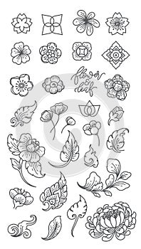 Traditional flower and leaf line icons isolated. Asia. Japanese. Thai. Chinese.