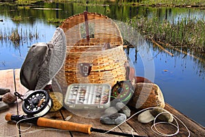 Traditional fly-fishing rod with equipment